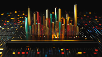 Fototapeta premium Abstract black background with 3D Colorful charts and graphs with statistics to innovative analyze business potential and forecast future development of companies growth.