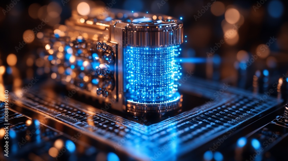 Aufkleber up close display of an advanced quantum computer with metal spheres and geometric patterns, emitting