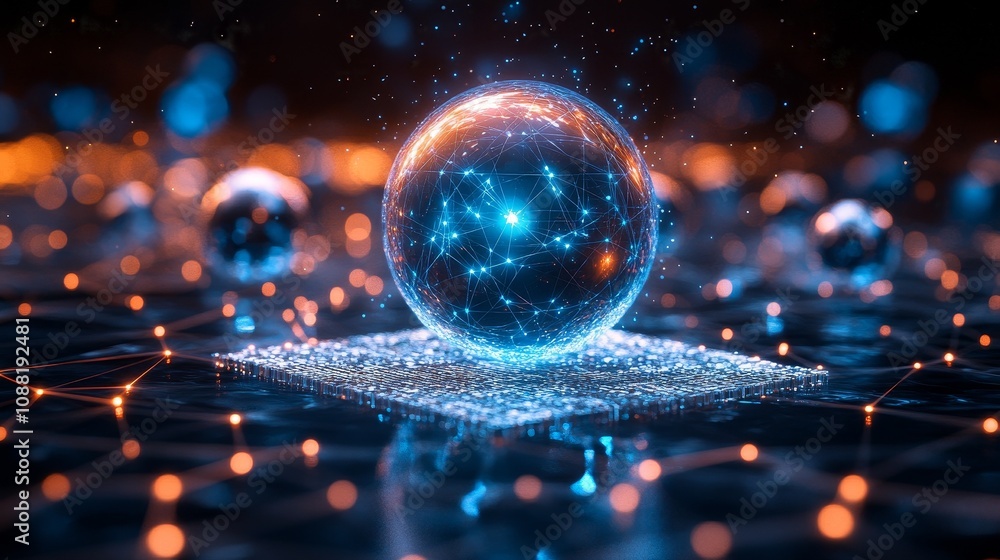 Poster up close display of an advanced quantum computer with metal spheres and geometric patterns, emitting