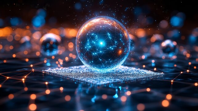 Up close display of an advanced quantum computer with metal spheres and geometric patterns, emitting blue light beams, a grid like structure in the background, and wires connecting various points