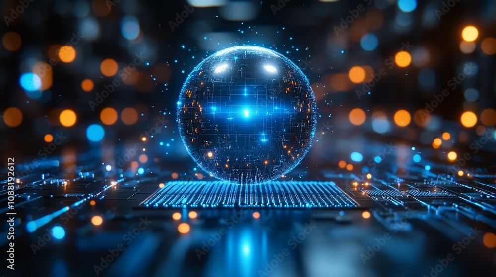 Poster up close display of an advanced quantum computer with metal spheres and geometric patterns, emitting
