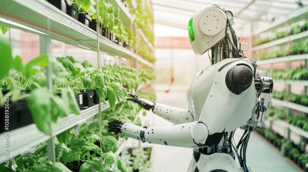 Poster A robot tending to plants in a vertical hydroponic farm, modern and efficient setting with stacked plants and irrigation systems, Agricultural Robotics style