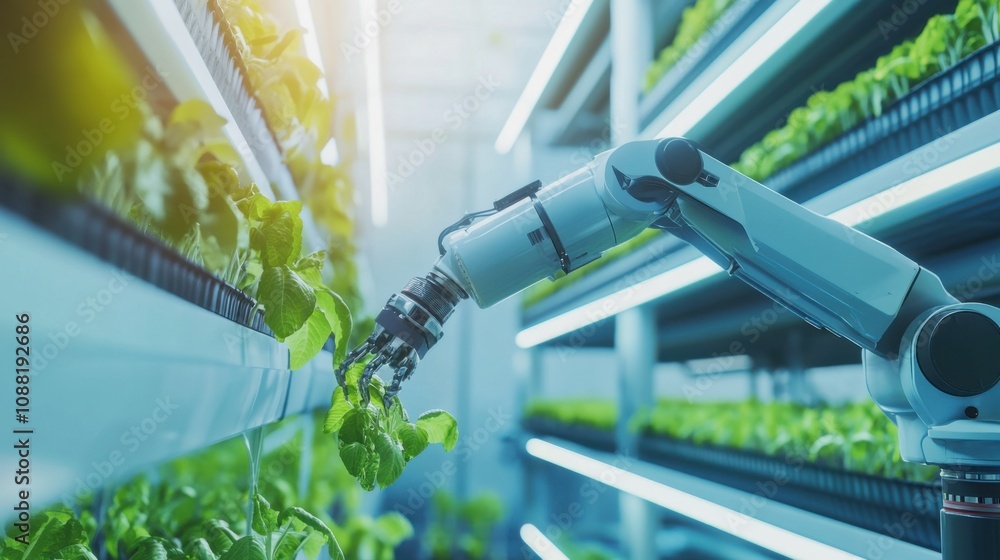 Aufkleber A robot tending to plants in a vertical hydroponic farm, modern and efficient setting with stacked plants and irrigation systems, Agricultural Robotics style