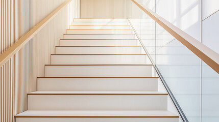 Modern white staircase with wooden handrail and glass balustrade in a bright interior