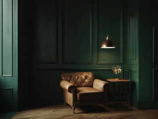 Leather Armchair In A Dark Green Room With Wooden Floor