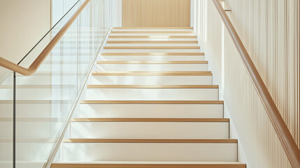 Fototapeta premium Modern white staircase with wooden handrail and glass panels ascending in a bright interior