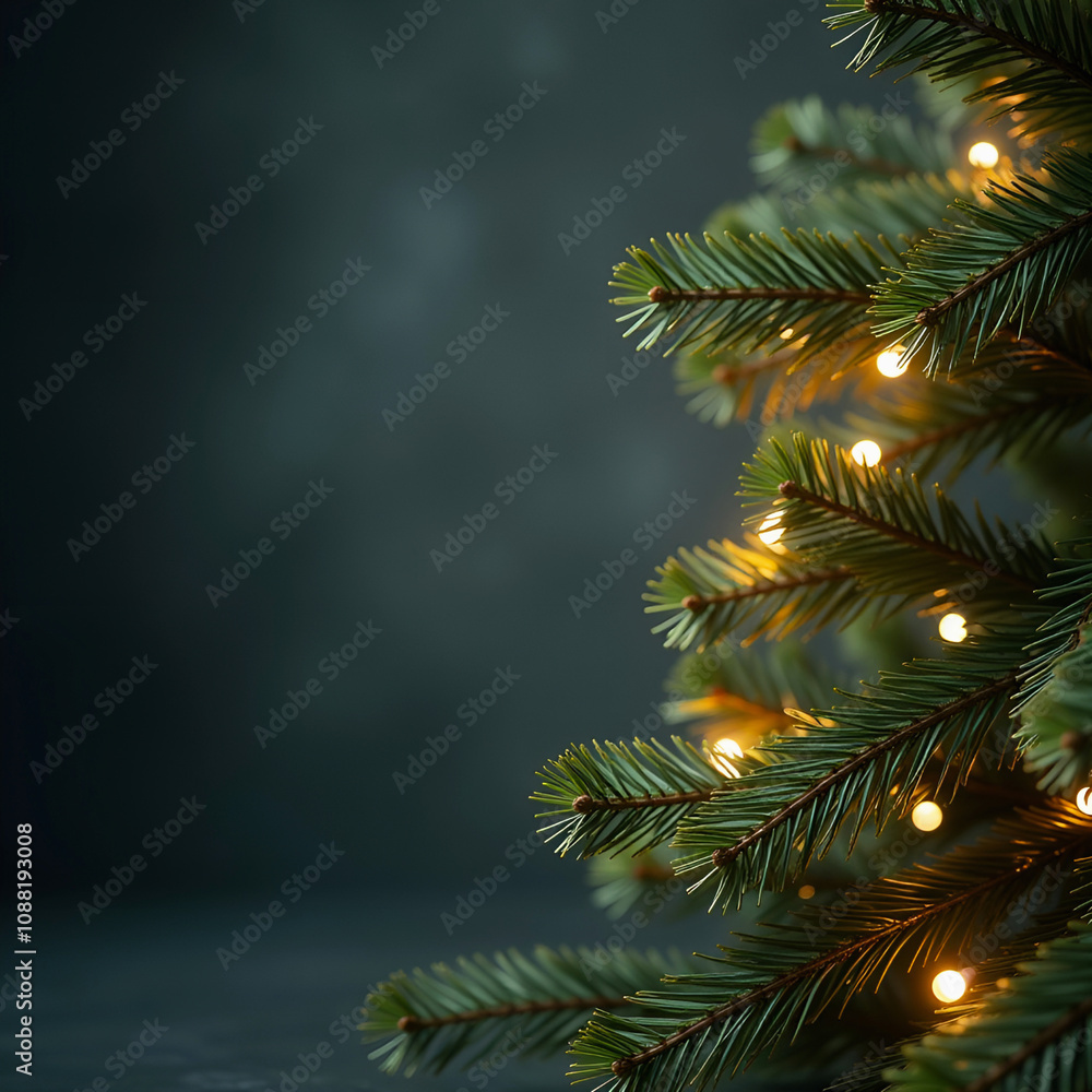 Wall mural dark grey defocused background and a christmas tree with yellow lights infront. copy space on the le