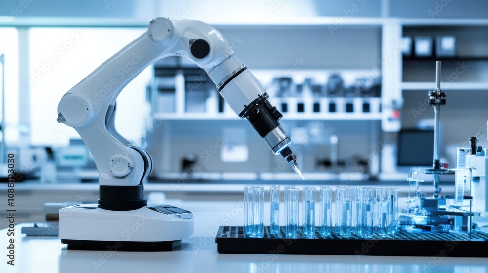 Fototapete A robot testing samples in an advanced materials lab, modern and clean setting with scientific instruments and digital interfaces, Materials Science Robotics style