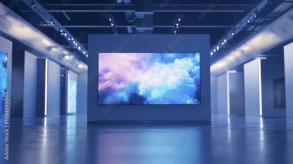 Poster a modern art gallery featuring a large screen displaying vibrant, abstract visuals under soft lighti