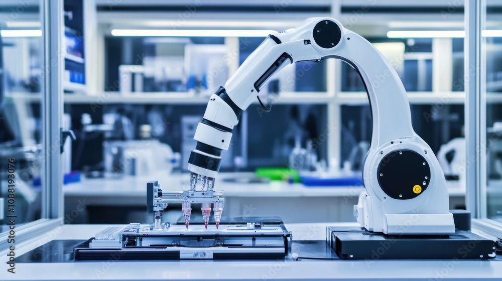 Aufkleber A robot testing samples in an advanced materials lab, modern and clean setting with scientific instruments and digital interfaces, Materials Science Robotics style