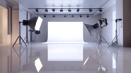 A modern photography studio featuring bright lighting, a seamless backdrop, and polished flooring, ideal for photoshoots.