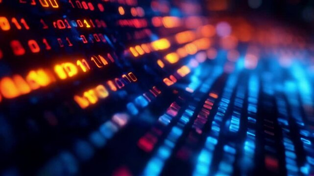 Scene of a wavy data code with blue hologram particles, Slow motion camera with different angles