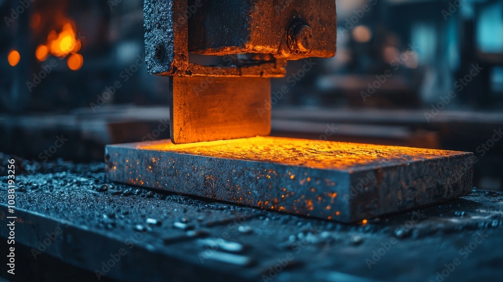 Poster a glowing forge scene showing a metal block being pressed, with sparks and heat emanating from the p