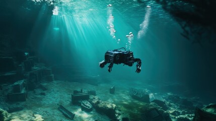 A robotic archaeologist excavating a submerged ancient city underwater, submerged and archaeological setting with underwater ruins and diving equipment, Underwater Archaeology Robotics style