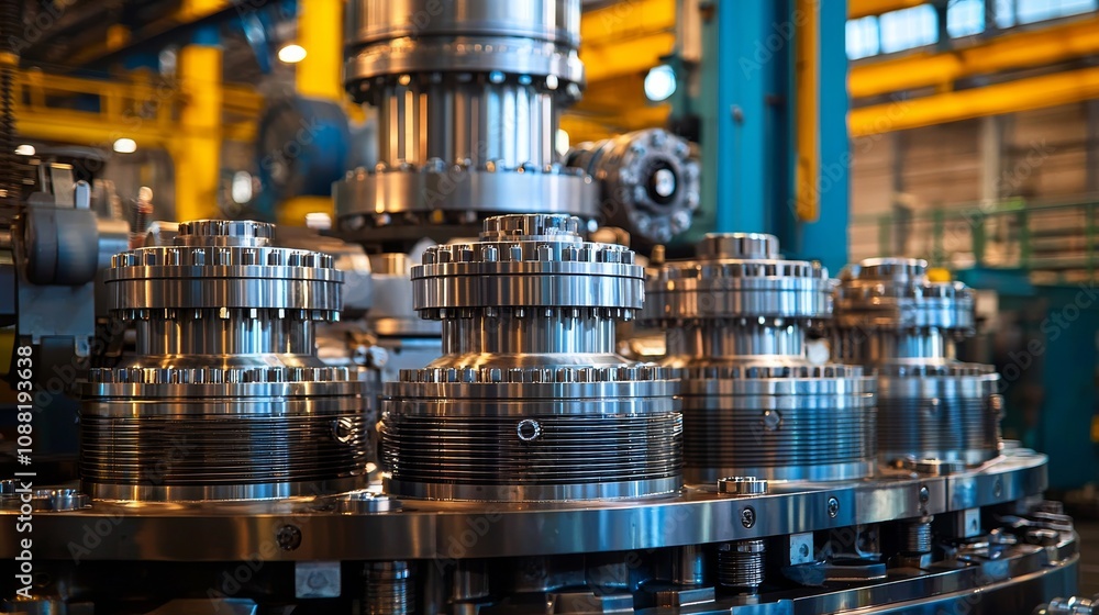 Poster a close-up view of metallic gears and machinery components in a factory, showcasing precision engine