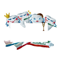 A fun cartoon of teeth, toothpaste, and toothbrushes highlighting the importance of dental care