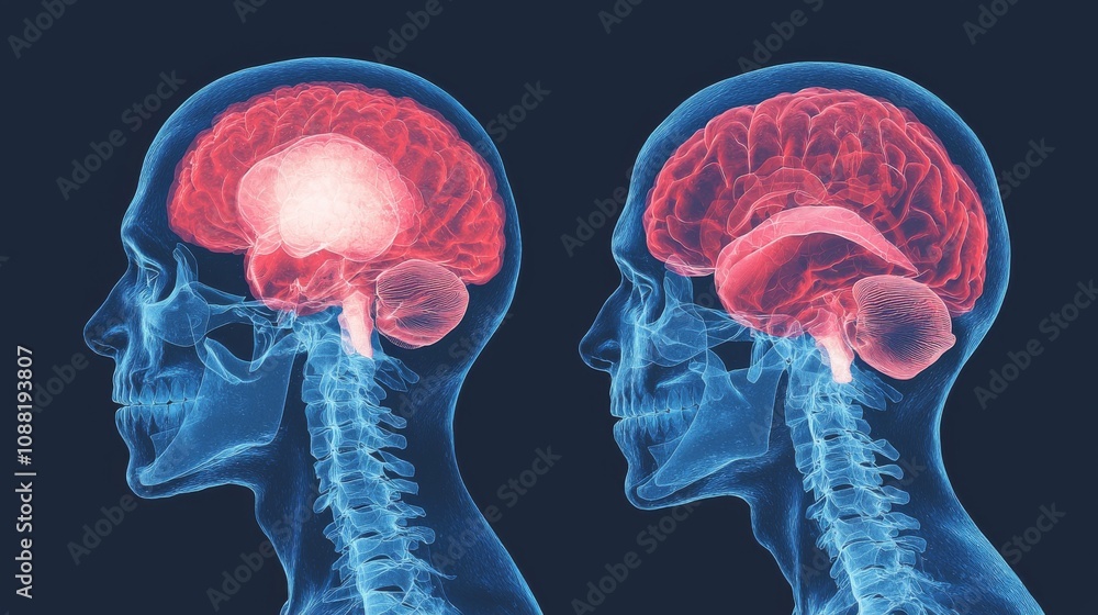 Poster a digital illustration showing two human profiles with highlighted brain areas, indicating different