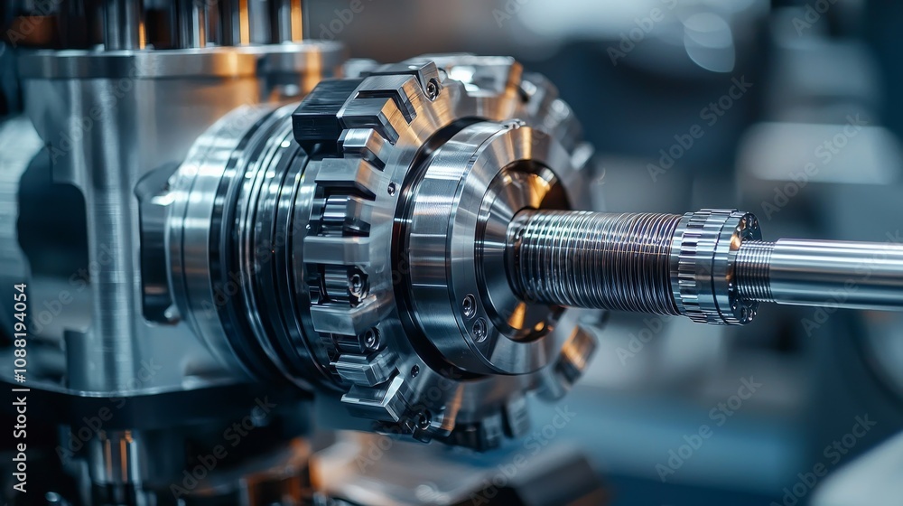 Poster a close-up of a shiny metallic gear mechanism, showcasing intricate details and precision engineerin