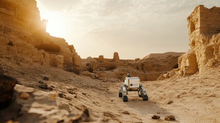 A robotic archaeologist excavating ancient ruins in the Egyptian desert, archaeological and historical setting with ancient artifacts and desert landscape
