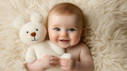 Adorable baby smiling with stuffed bear on soft fur blanket