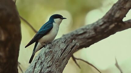 Obraz premium Close-up of a vibrant Tree Swallow perched gracefully on a branch, showcasing its iridescent blue-green feathers, bright white underbelly, and striking black wings against a natural blurred background