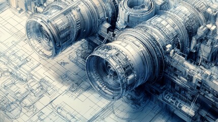 A detailed, technical illustration featuring two large engines on a blueprint backdrop, conveying a sense of engineering and innovation.