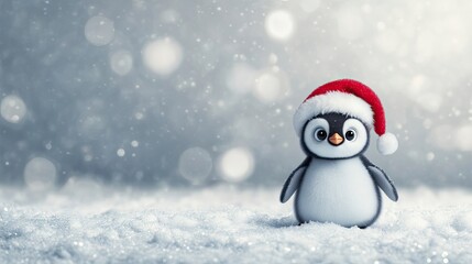 Adorable penguin wearing a festive red christmas hat in the snow