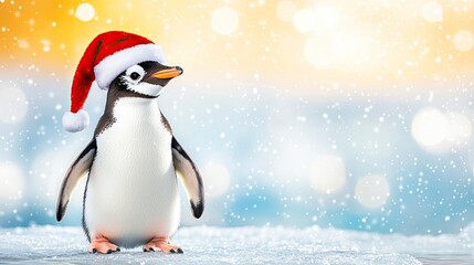 Fototapeta premium Cheerful penguin wearing a festive santa hat in a winter setting