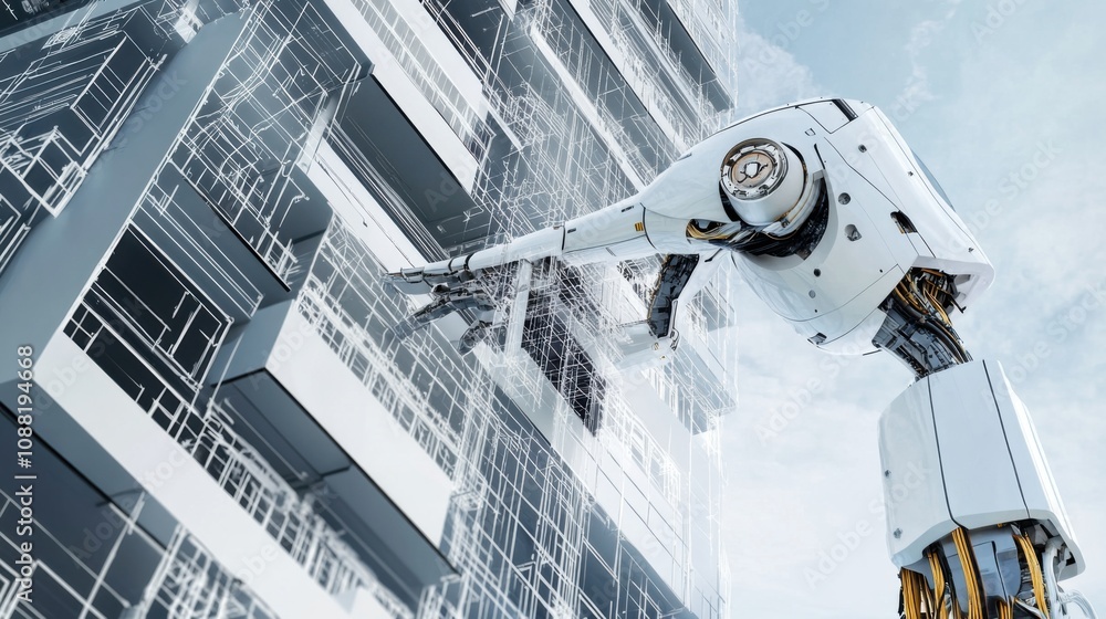 Poster A robotic architect designing a futuristic skyscraper, innovative and sleek setting with digital blueprints and advanced tools, Architectural Robotics style
