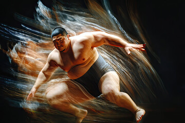  Dynamic image of young man sumo wrestler in motion pushing his opponent. Concept of strength tradition strategy combat sports active