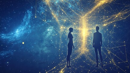 Two ethereal silhouettes intertwined by a glowing golden thread, set against a deep blue cosmic background with sacred geometry patterns and divine light rays descending from above. 