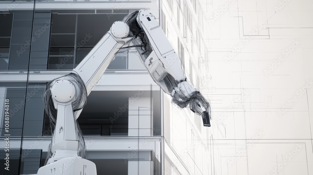Aufkleber A robotic architect designing a futuristic skyscraper, innovative and sleek setting with digital blueprints and advanced tools, Architectural Robotics style