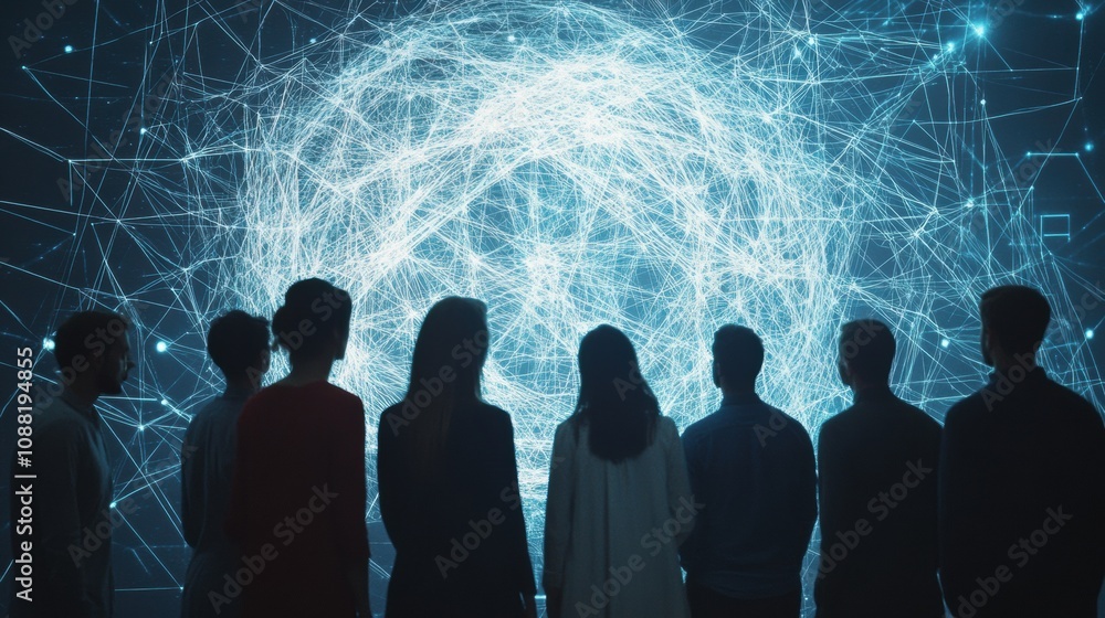 Aufkleber A diverse group stands together, captivated by a dynamic and colorful AI system display in an innovative tech venue. Generative AI