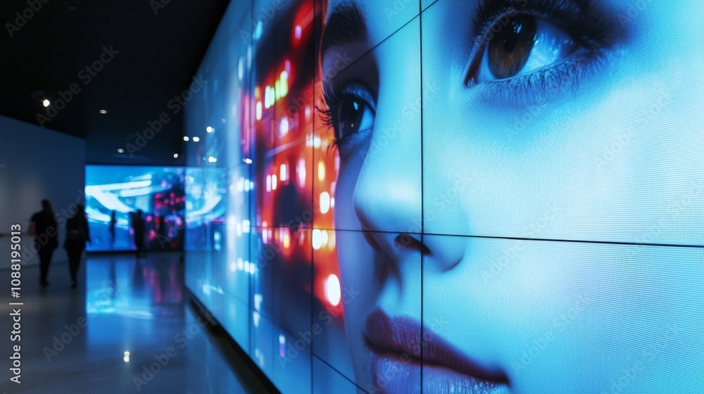 Poster a vibrant digital installation featuring a close-up of a face, surrounded by colorful lights, creati