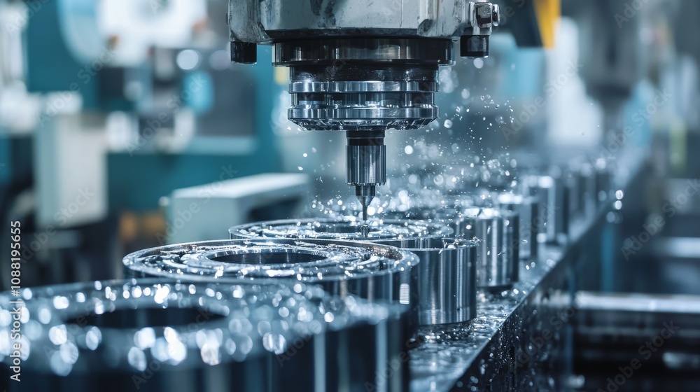 Poster a precision machining process is underway, with a milling machine cutting metal parts, creating fine