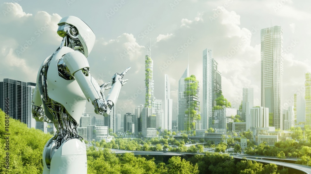Poster a robotic architect designing sustainable skyscrapers in a bustling megacity, architectural and urba