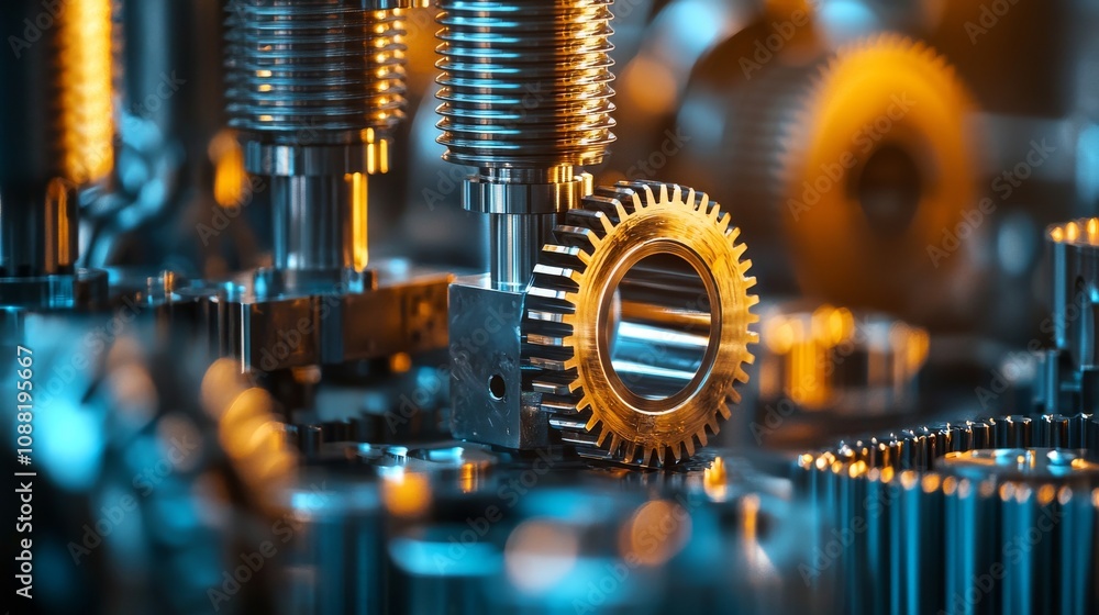 Poster a close-up view of intricate metallic gears and components, showcasing a blend of shiny metal textur