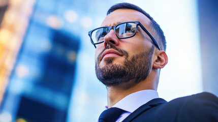 Confident businessman in glasses, looking upward in cityscape