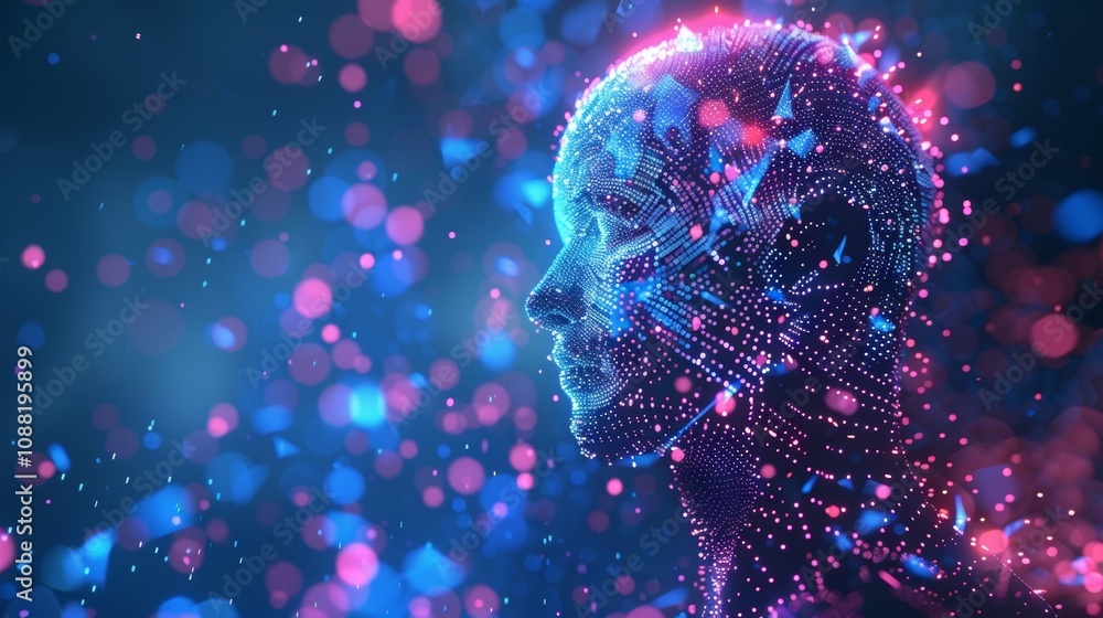 Poster futuristic concept of artificial intelligence forming from glowing particles in digital world, symbo