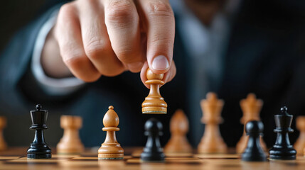 Strategic chess move with hand placing pawn on board, showcasing focus and concentration in competitive game