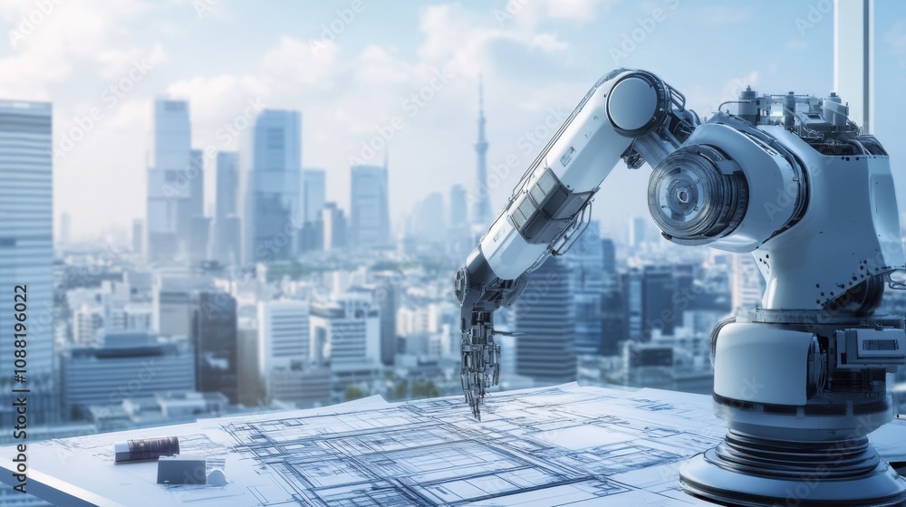 Poster a robotic architect designing sustainable skyscrapers in a green city of the future, eco-friendly an