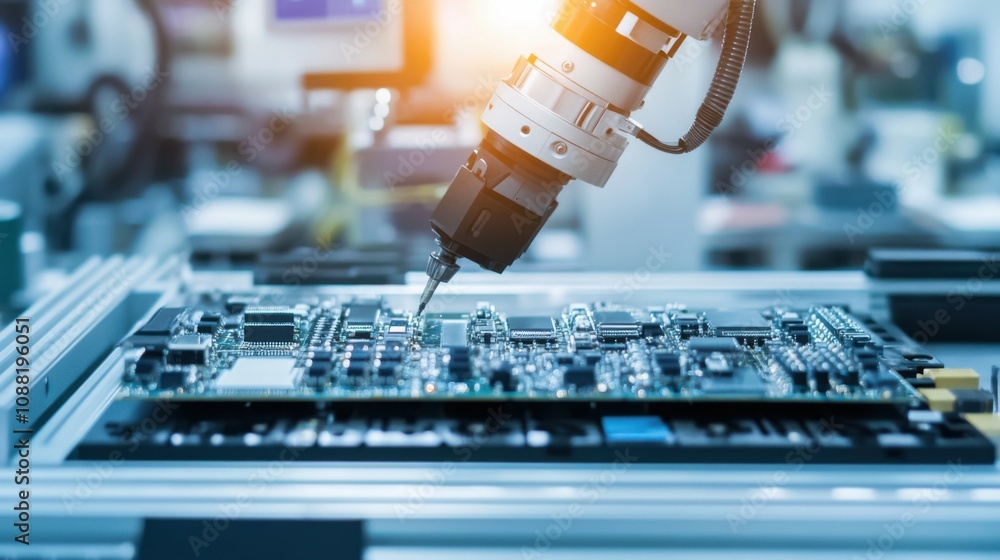 Poster a robotic arm assembling electronics in a clean room, high-tech manufacturing environment with preci