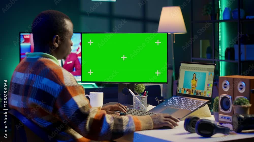 Poster black expert photo editor working remotely in a creative industry, using skills and software tools o