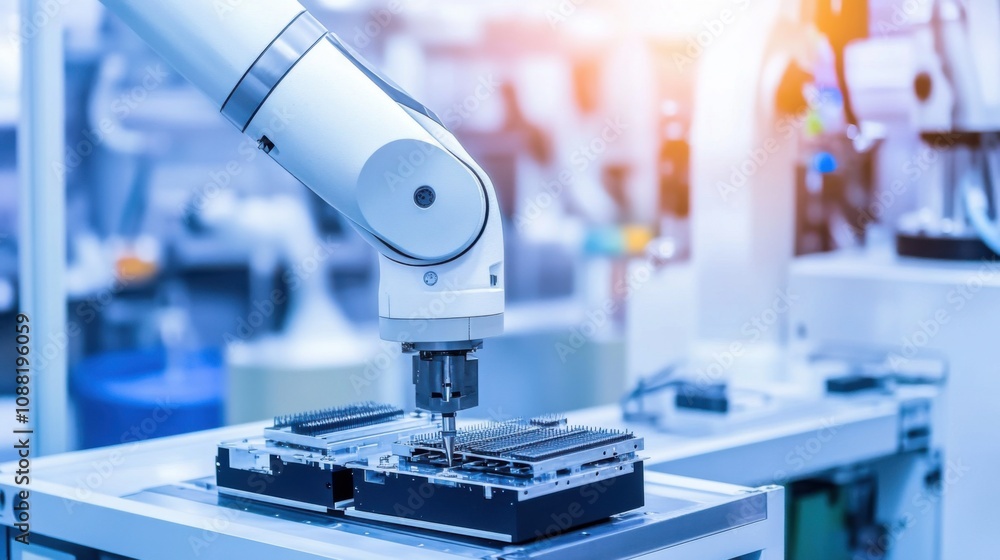 Aufkleber a robotic arm assembling electronics in a clean room, high-tech manufacturing environment with preci