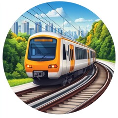 Obraz premium A modern train navigating a scenic route through a city landscape and greenery.