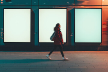 Fototapeta premium Woman Walking Past Blank Billboards at Night City Street Scene