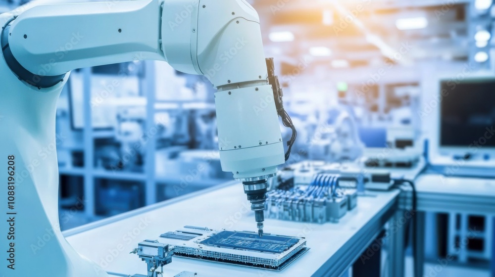 Poster A robotic arm assembling electronics in a clean room, high-tech manufacturing environment with precision tools, Manufacturing Robotics style