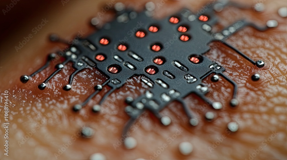 Poster intricate close-up of a microchip embedded in skin texture