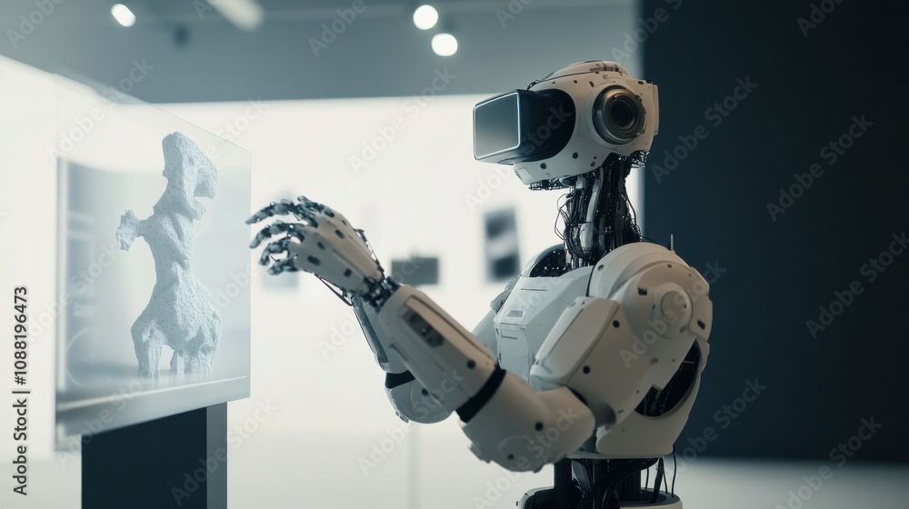 Poster A robotic artist creating digital sculptures in a virtual reality art studio, artistic and immersive setting with digital sculpting tools and virtual art gallery