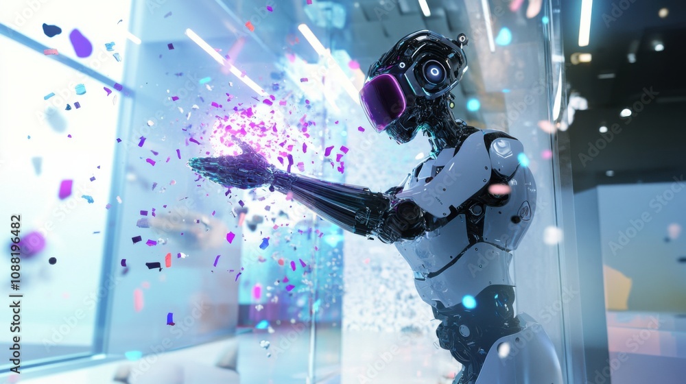 Poster A robotic artist creating digital sculptures in a virtual reality art studio, artistic and immersive setting with digital sculpting tools and virtual art gallery